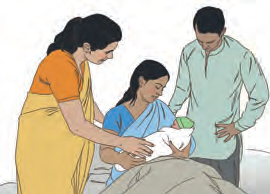 Three persons greeting newborn baby